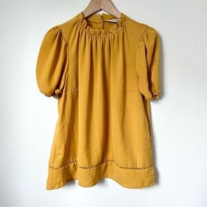Erin Blair Puff Sleeve High Neck Bohemian Blouse in Mustard Yellow Size L
